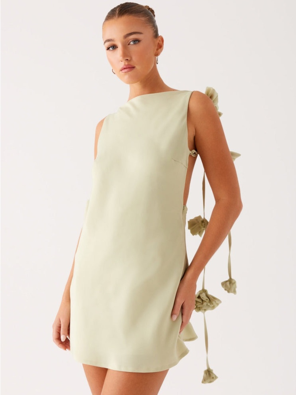Peppermayo Sage Green Mini Dress with Floral Tie Accents - Picture 2 of 7